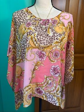 Slinky Brand Pink & Gold Baroque Floral Tunic Top